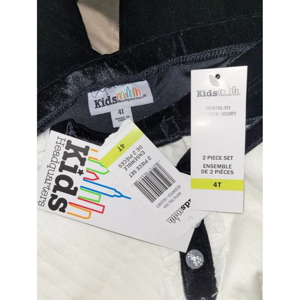 Kids Headquarters Size 4t White With Black Bow Top & Black Velvet Pants Set NWT